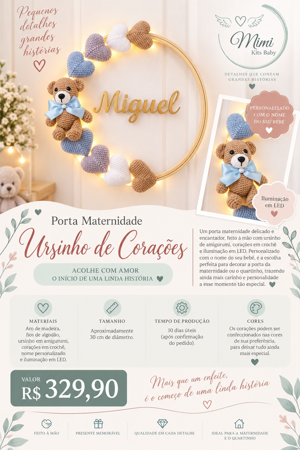 Porta maternidade ursinho de corações com LED
